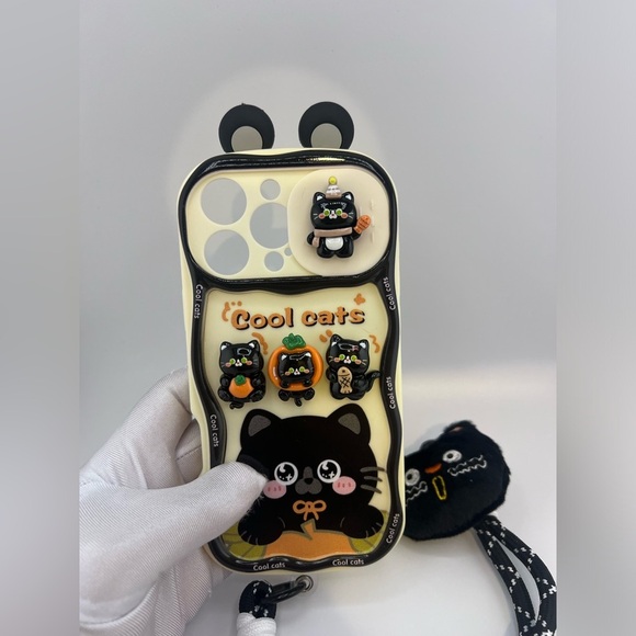 iPhone 16 Pro Max Case – Cute Black Cat Design with Plush Charm & Wrist Strap - Picture 8 of 9